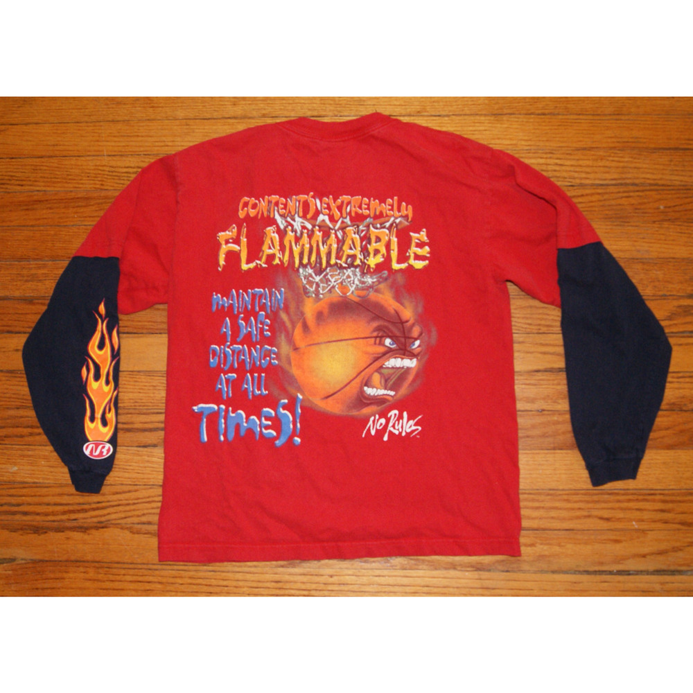 Vintage Y2K Red No Rules LS TShirt Blue Arms Flames Youth L/XL Fire Basketball